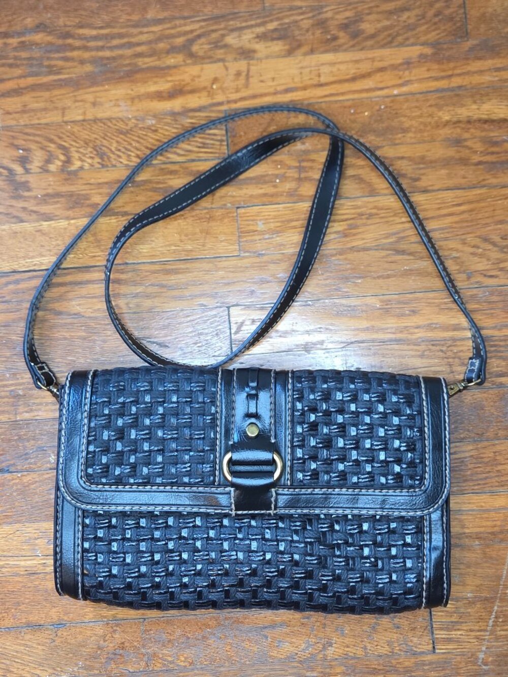 Fossil Modern Vintage Woven Black Leather Crossbody Bag/ Clutch